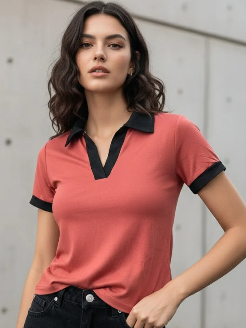 OUTZIDR  Rust Contrast Binding Knit Top for Women | Best Price UAE